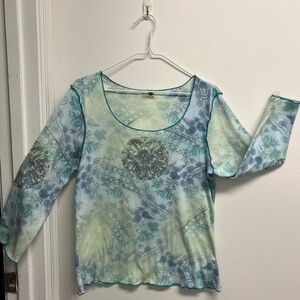 ONE WORLD Green and Blue Floral Rhinestone Embellished Long Sleeve Top